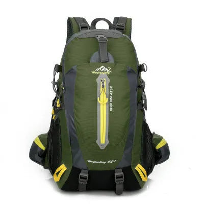 36-55L nylon hiking camping backpack in green for outdoor mountaineering and sports gear storage