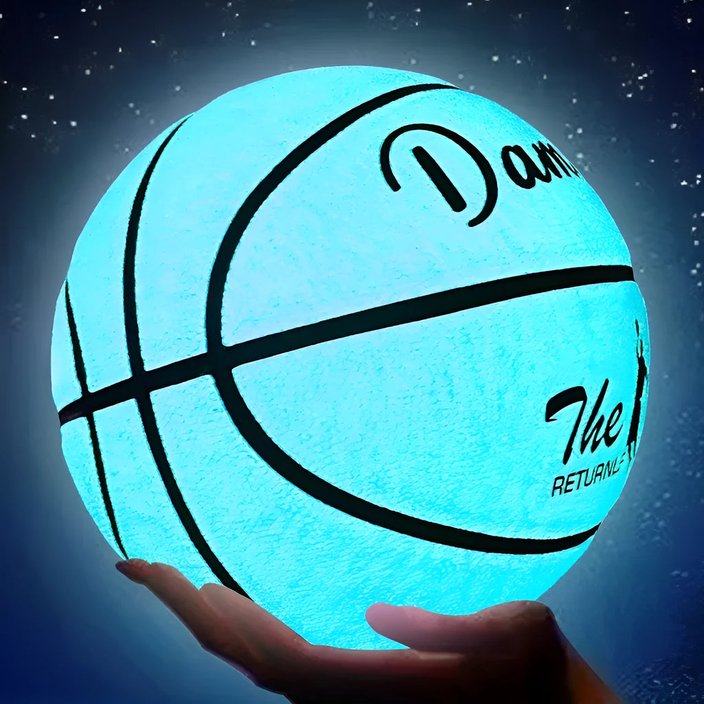 Luminous PU soft leather basketball in blue glow colour on outdoor court