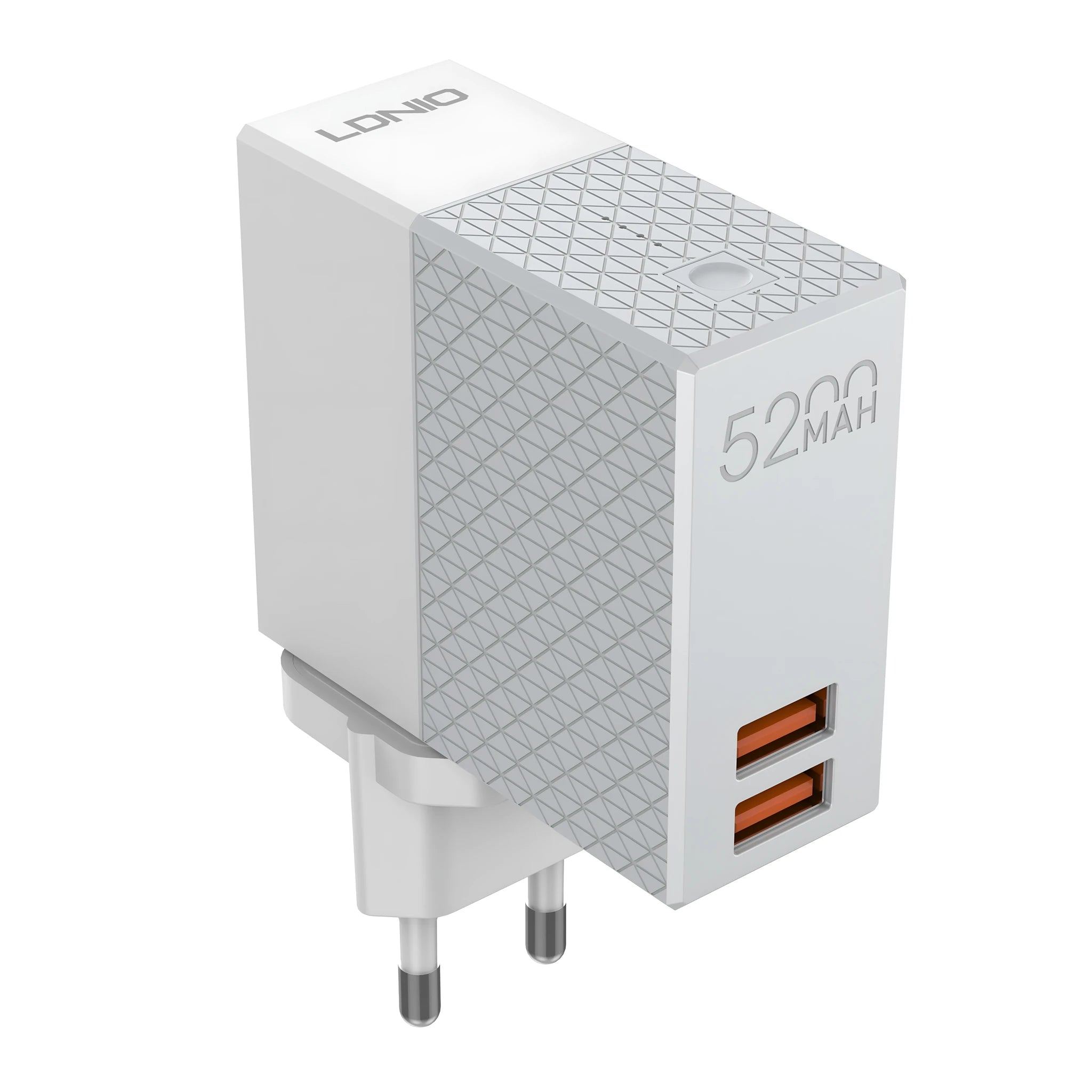 White two-in-one power bank charger with folding plug, showing compact cylindrical design.