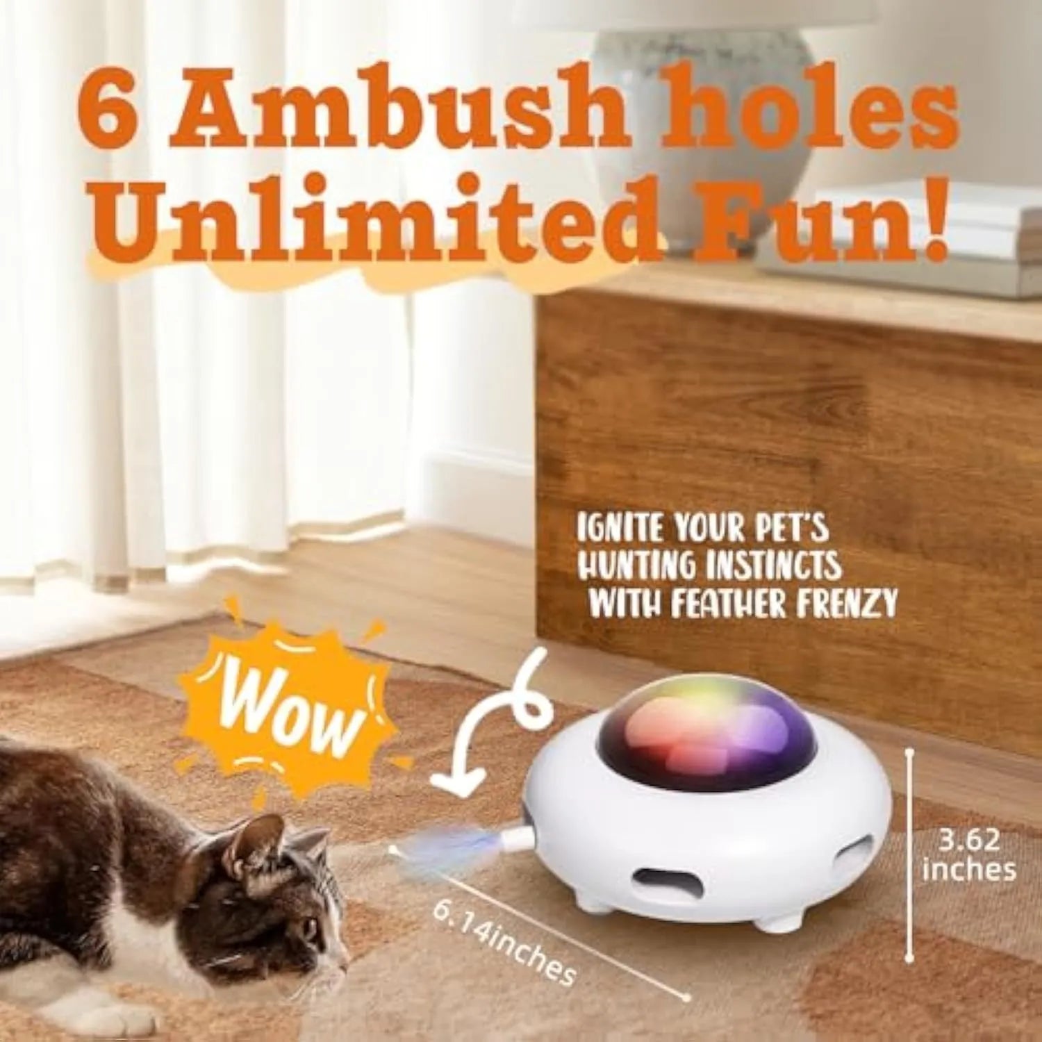 White UFO-shaped automatic cat toy with feathers, LED lights, and a detachable hair-cleaning ring.