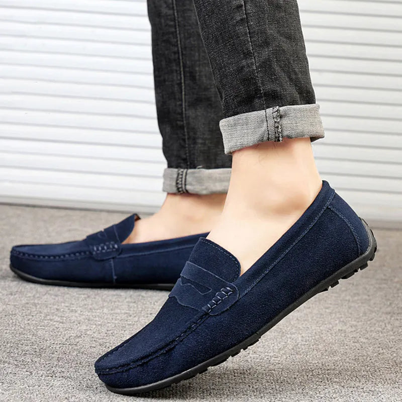 Men's suede slip-on loafers in multiple colours with round toe and rubber sole