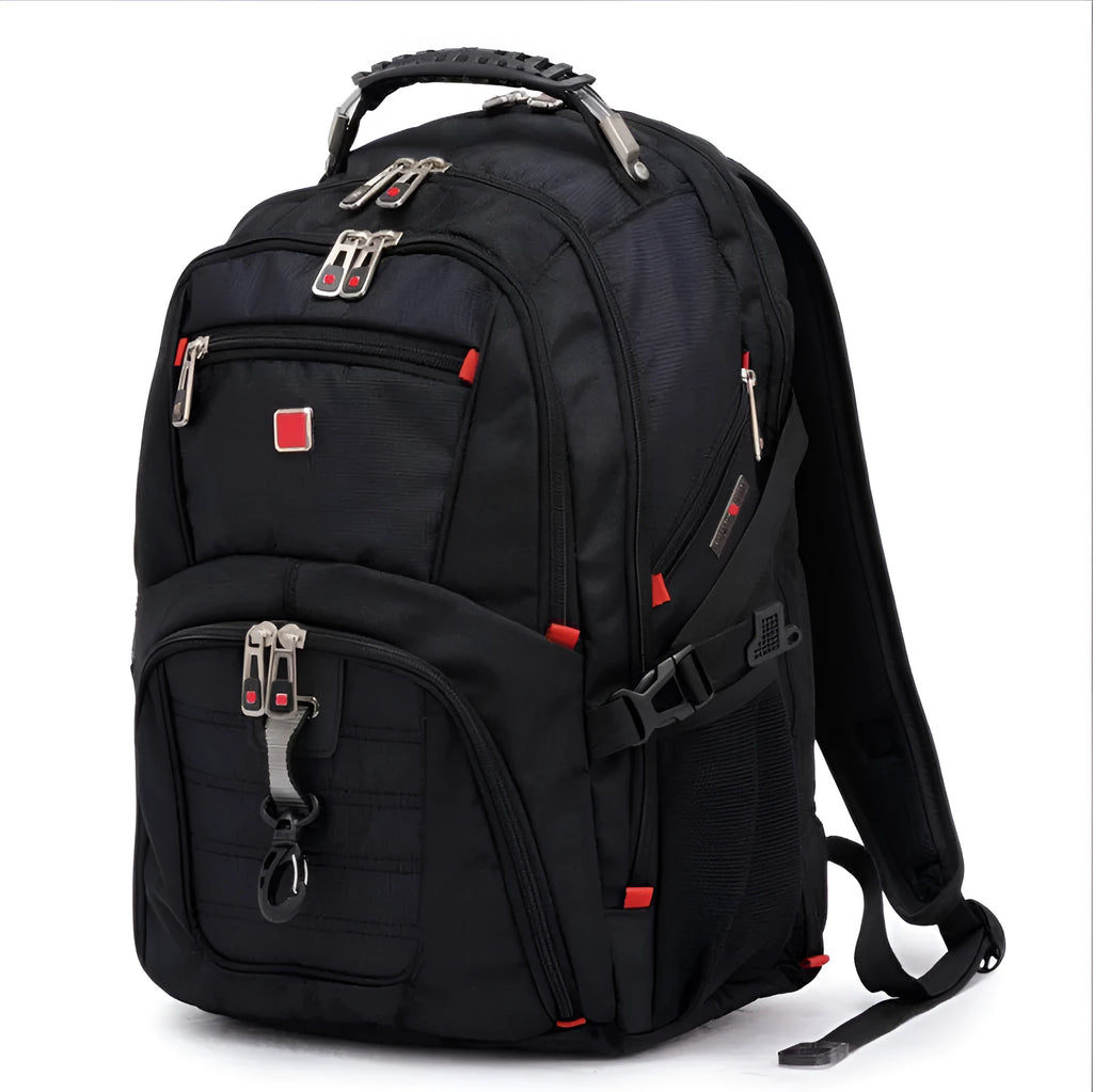Black business backpack with multiple compartments open, showing padded laptop sleeve and organiser pockets.