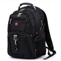 Black business backpack with multiple compartments open, showing padded laptop sleeve and organiser pockets.