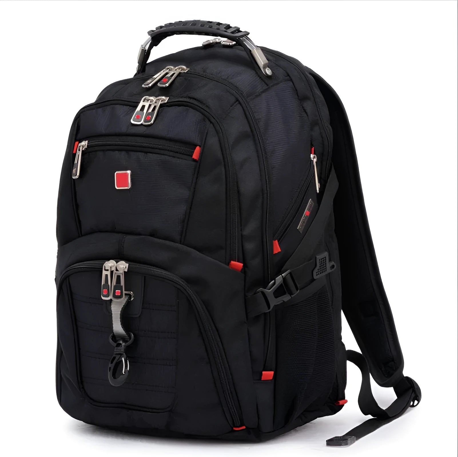 Black business backpack with multiple compartments open, showing padded laptop sleeve and organiser pockets.