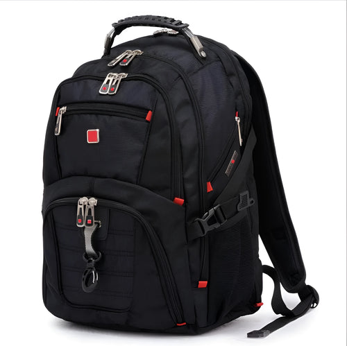 Black business backpack with multiple compartments open, showing padded laptop sleeve and organiser pockets.