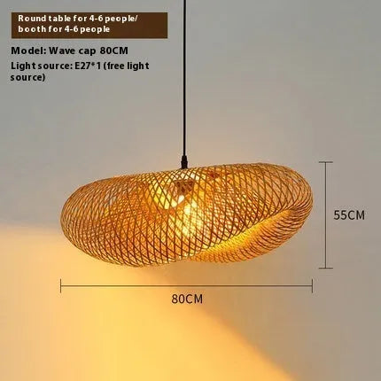 Bamboo straw hat-shaped hanging pendant lamp showing natural bamboo construction and diffused lighting design