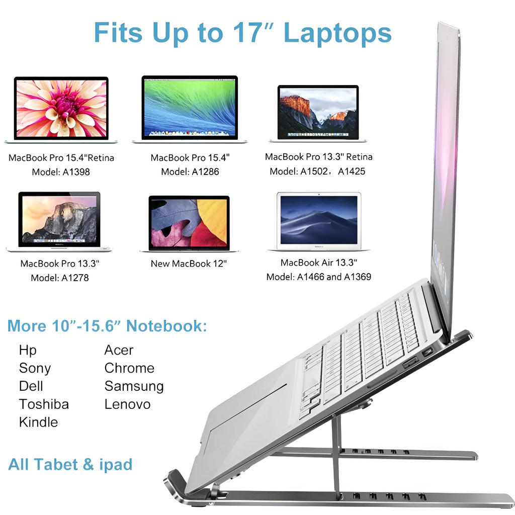 Silver aluminium alloy laptop stand in folded position showing adjustment gears