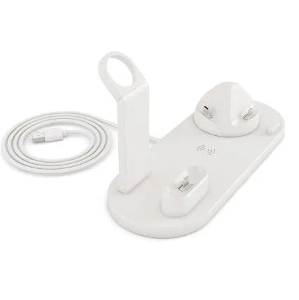 4 in 1 wireless charger stand for iPhone Samsung iWatch AirPods in black silicone material with 360 degree rotating dock