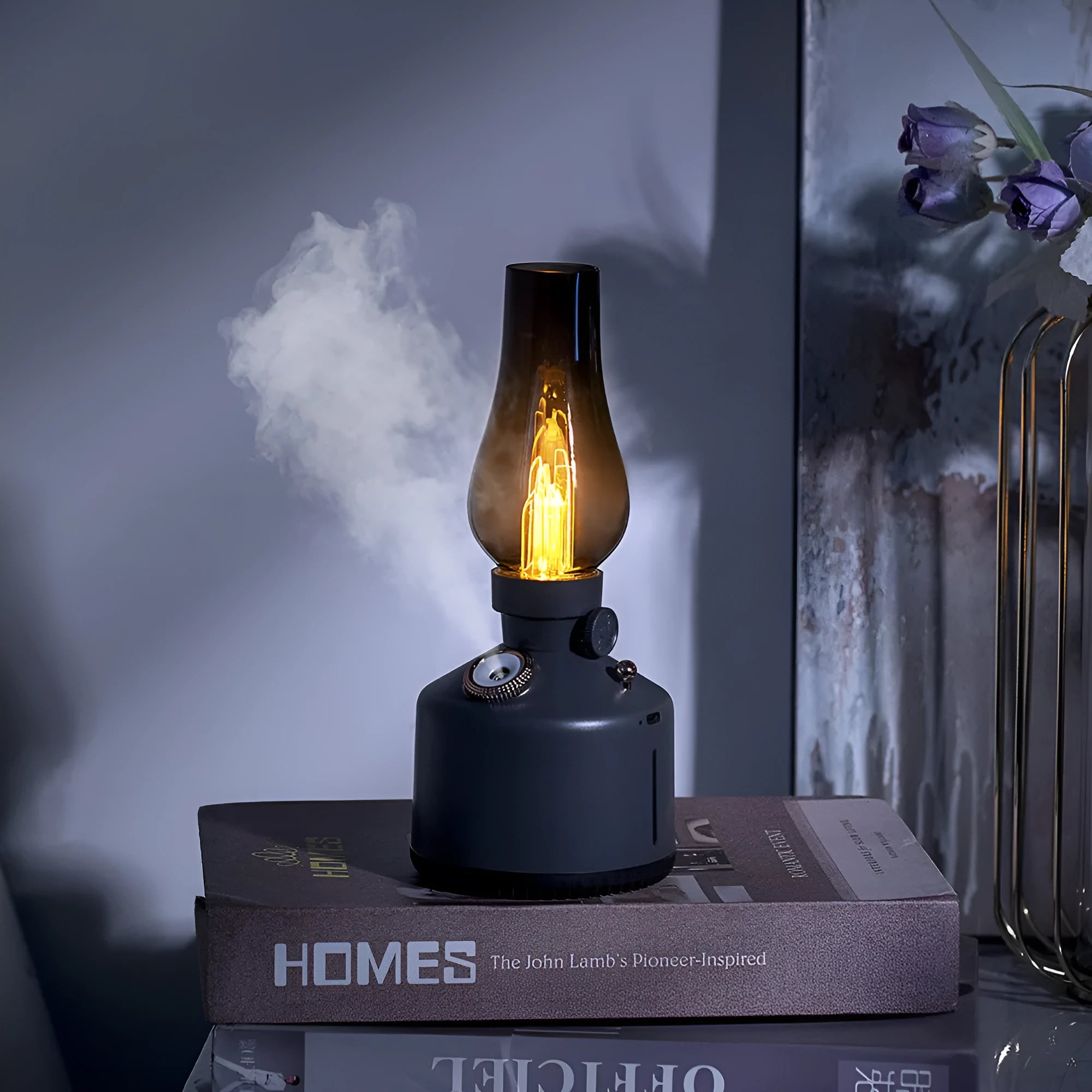 Kerosene lamp ultrasonic humidifier in brass colour with single fog outlet on wooden desk