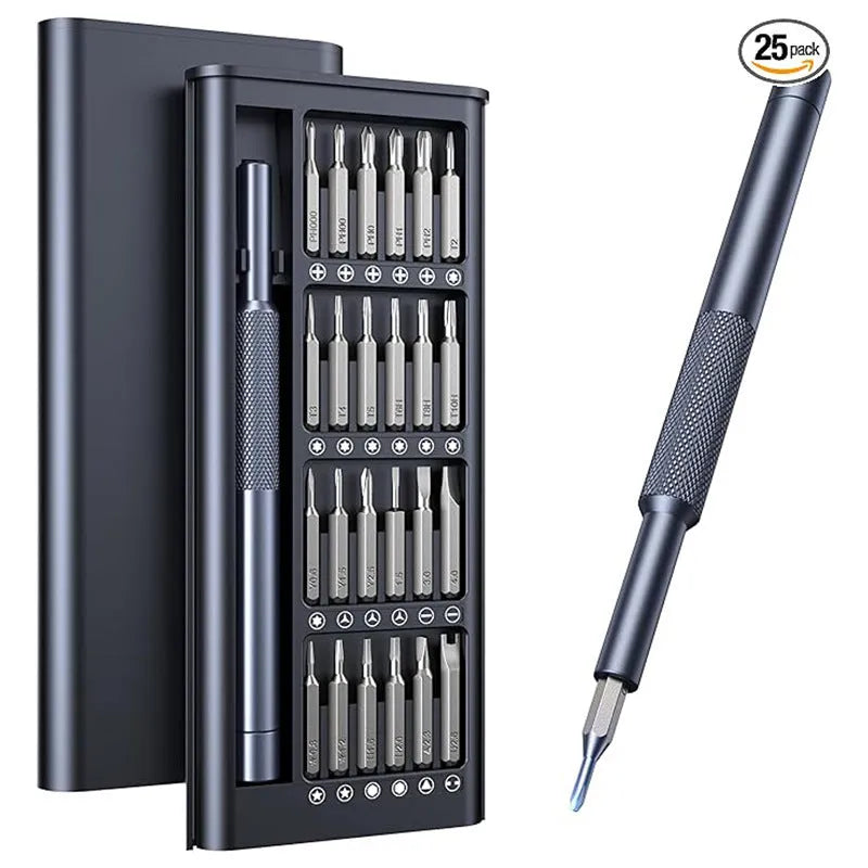 25-in-one screwdriver set with chrome vanadium steel magnetic bits and ABS handle on grey background