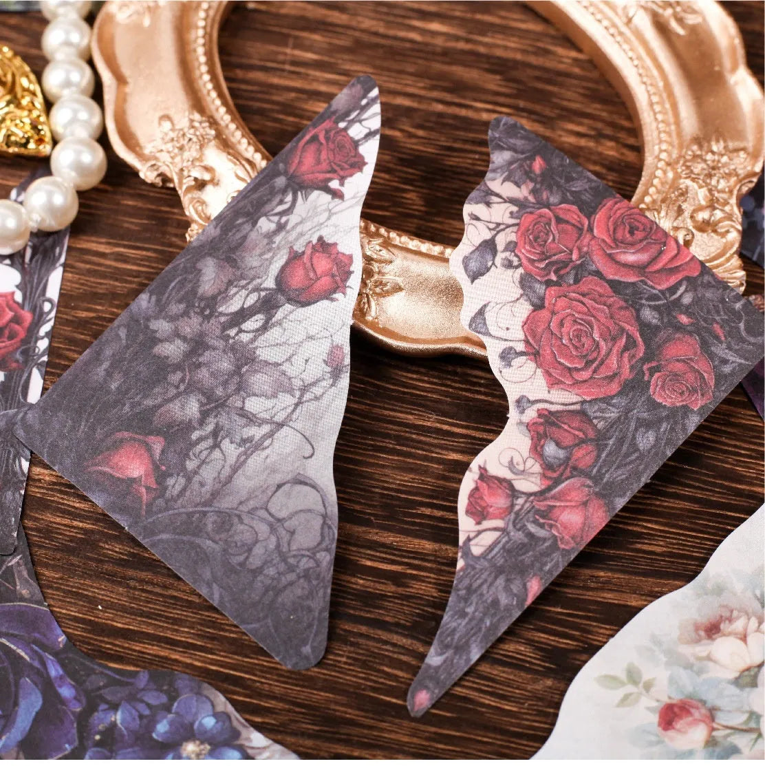 Set of colourful bookmarks with spring vine, pink plum, red rose, blue, green wild, and purple dew designs