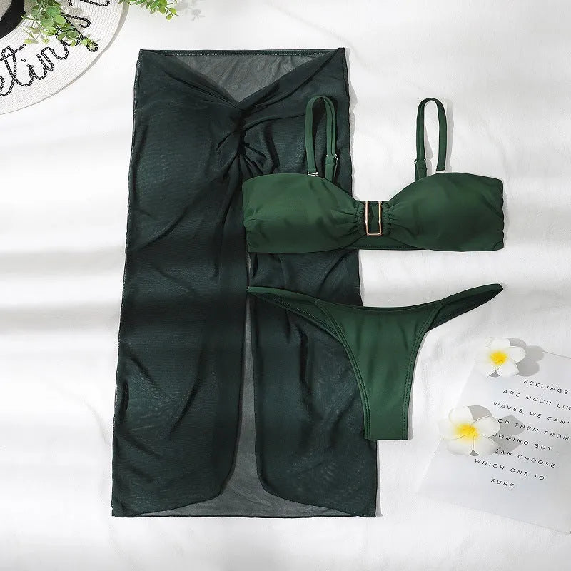 Women's three-piece bikini set with long culotte skirt in multiple solid colours