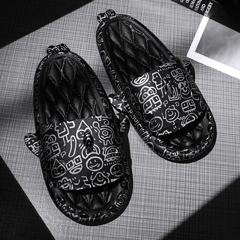 Casual open-toe shark design slippers in EVA material on a colour selection background.