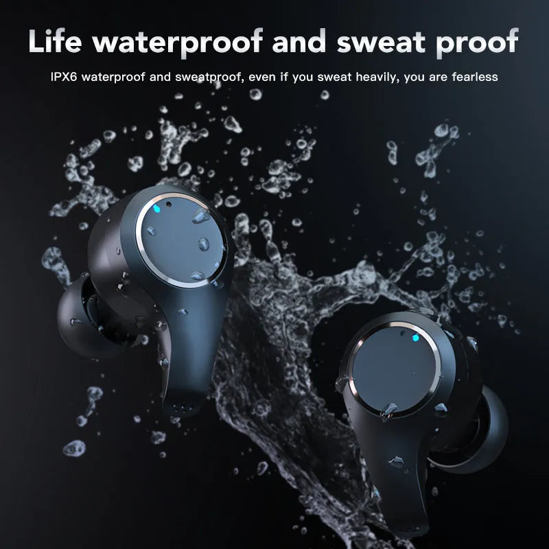 Black and white wireless ANC Bluetooth in-ear headphones with charging case