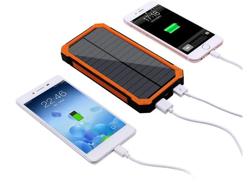 Solar power bank in orange, green, black, or yellow with display showing 6000, 8000, and 10000mAh capacity options.