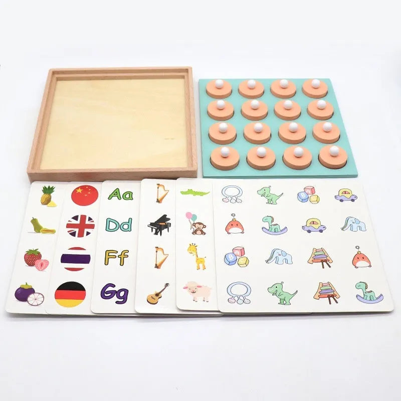Children's wooden pattern memory chess set with 20.5cm board and multicolour wooden pieces