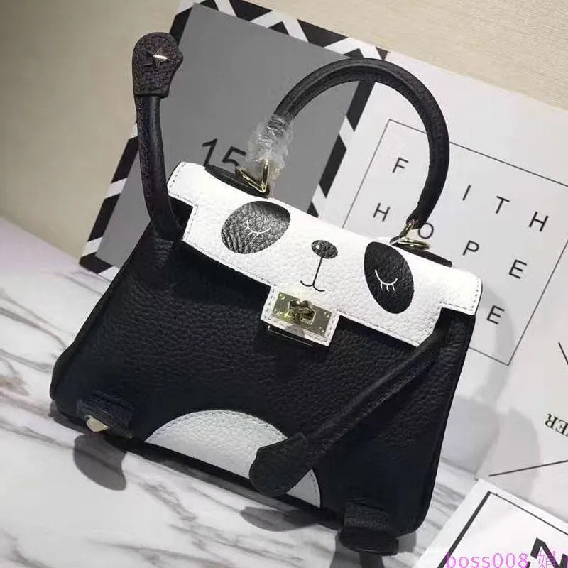 Panda print cow leather handbag in horizontal square shape showing animal pattern design