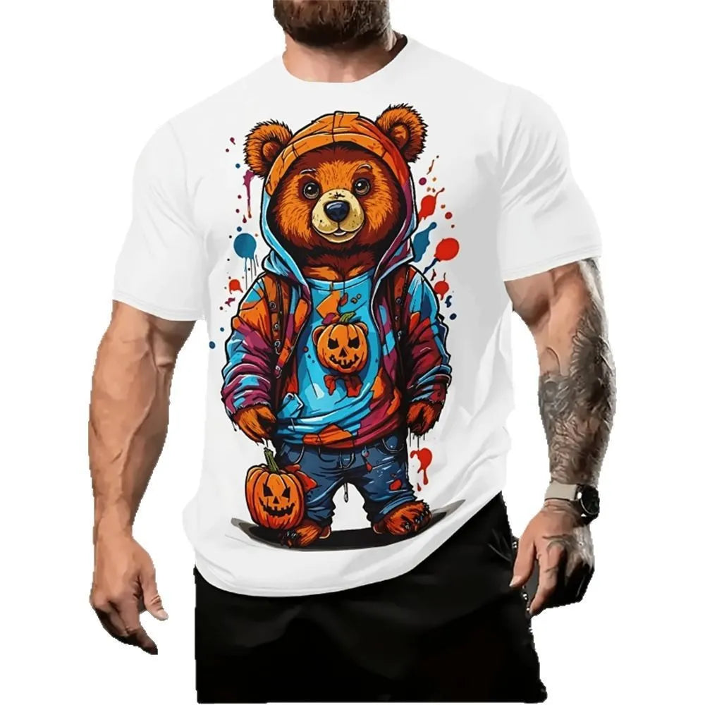 Man wearing a loose-fit short sleeve t-shirt with a colourful 3D printed cartoon design.