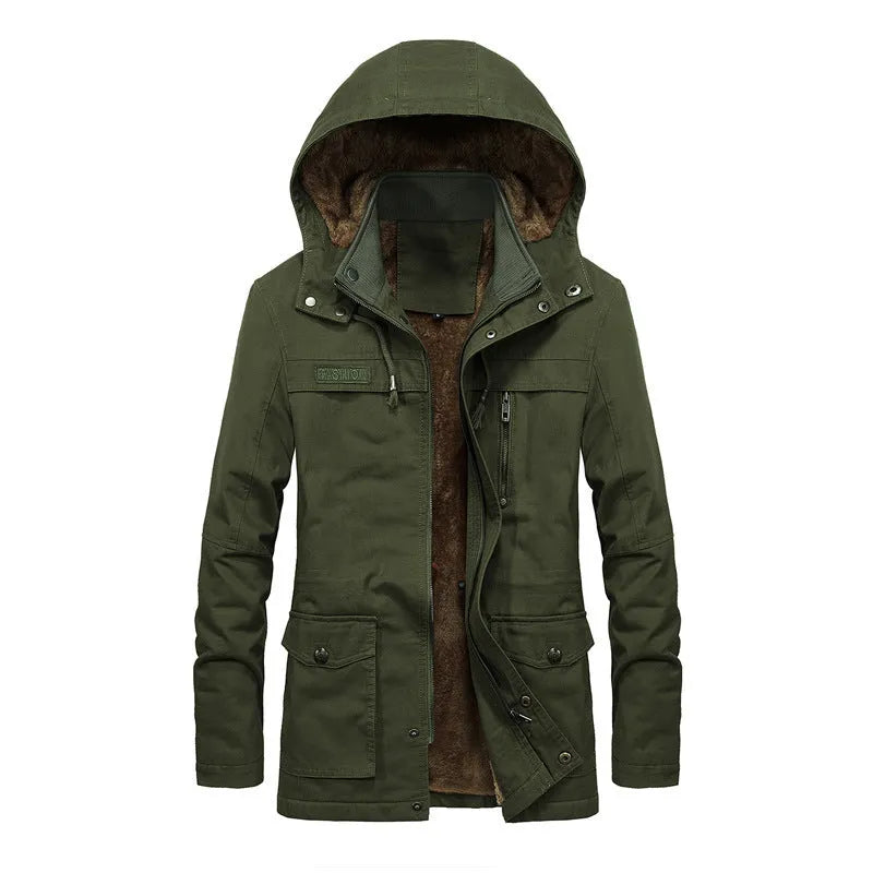 Men's thickened winter jacket in khaki with stand-up collar and zip front, loose fit casual style