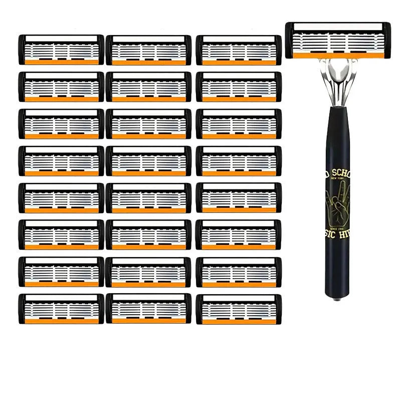 Black manual shaver holder with six-layer finger grip handle and multiple blade rests