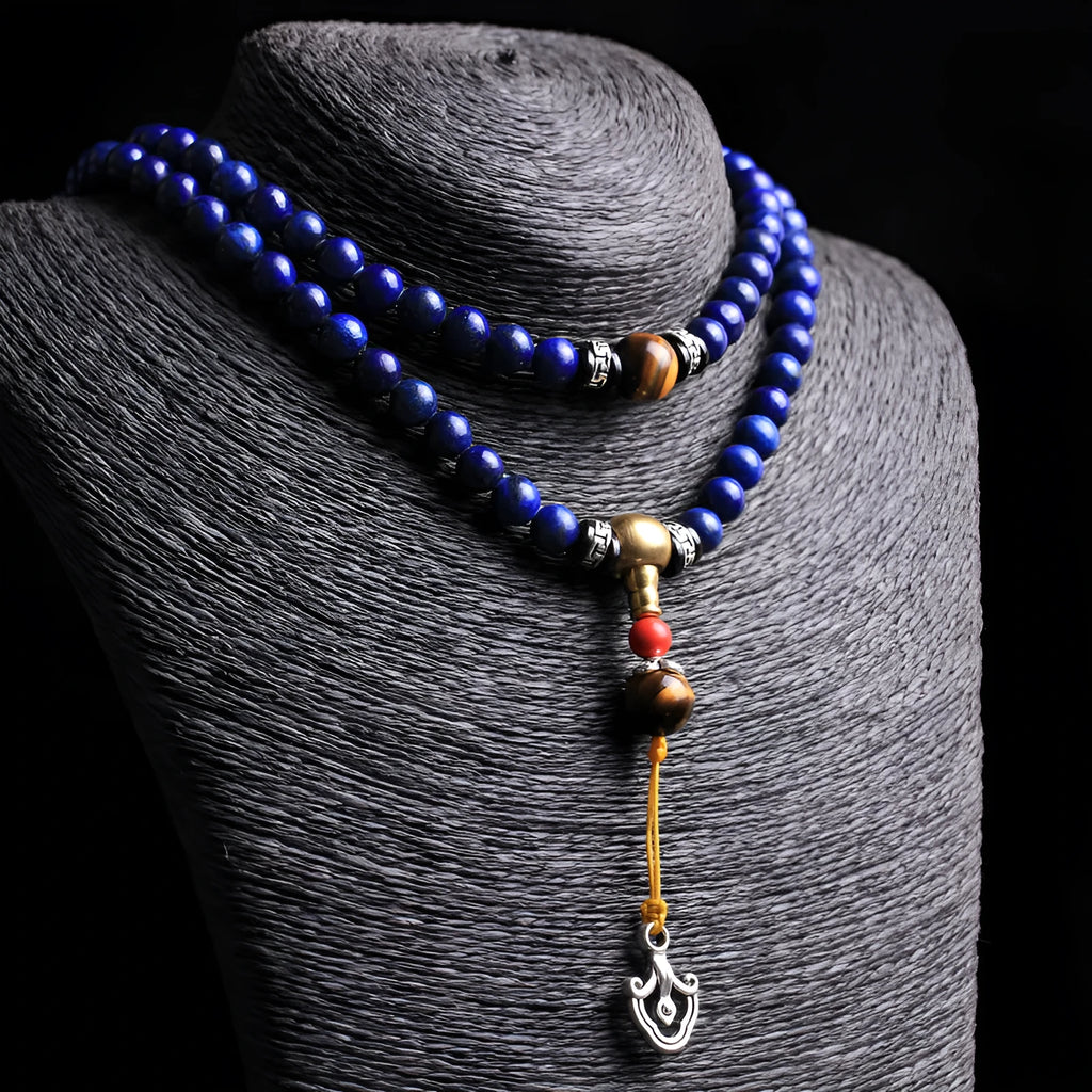 Natural lapis lazuli stone 108 prayer bracelet with animal or zodiac motif beads