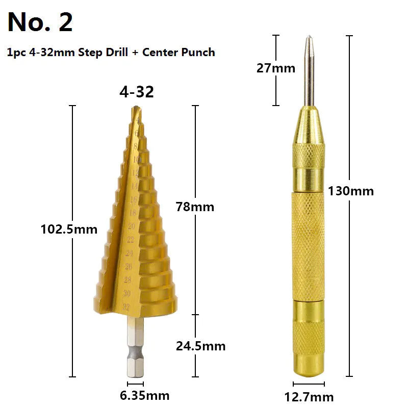 High speed steel cone drill bit and centre punch set with multiple step drill sizes for metalworking