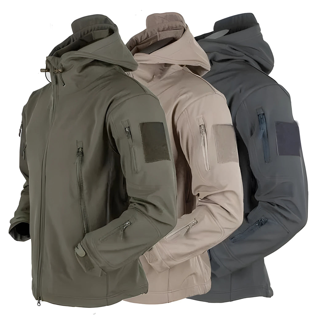 Men's windproof hooded soft shell jacket in polyester fibre, available in black, green, grey, and khaki sizes S to 4XL