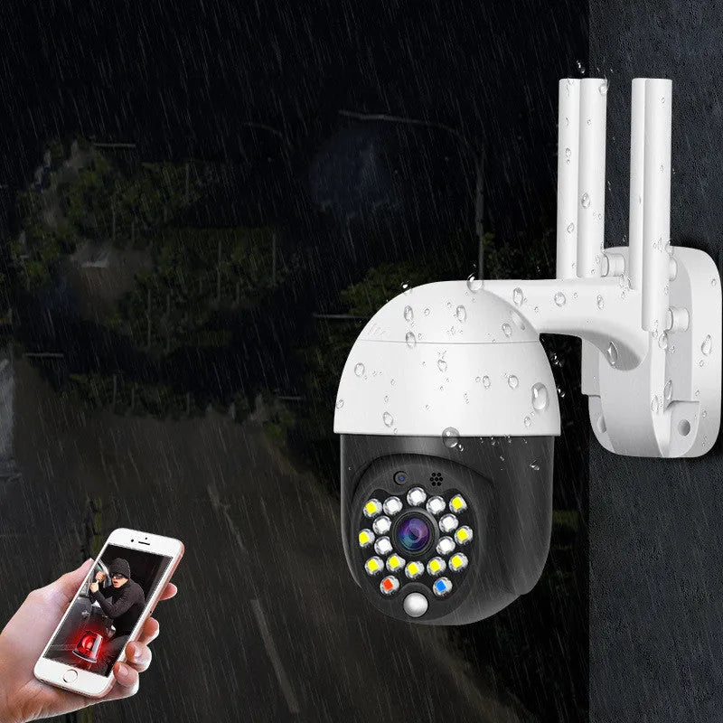 White plastic dome wireless outdoor security camera with 1080p HD resolution and infrared night vision LEDs