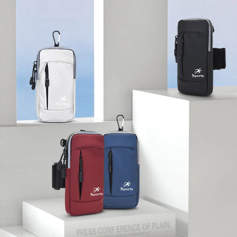 Sports running arm bag in black PU leather with phone inside, 19x10x2cm, adjustable wrist strap