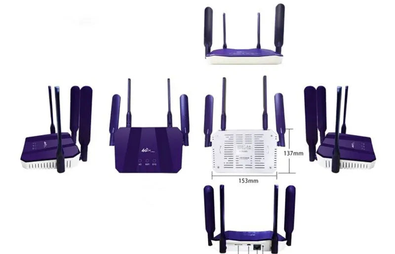 Blue 4G dual mode wireless and wired router with four antennas, dimensions 153x137x21mm