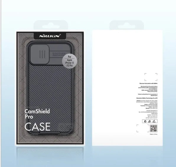 Nillkin Black Mirror Pro phone case for iPhone 12 with sliding camera lens cover in black, blue, and green colours.