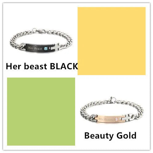 Gold and black couple bracelets in stainless steel with geometric design and adjustable chain lengths
