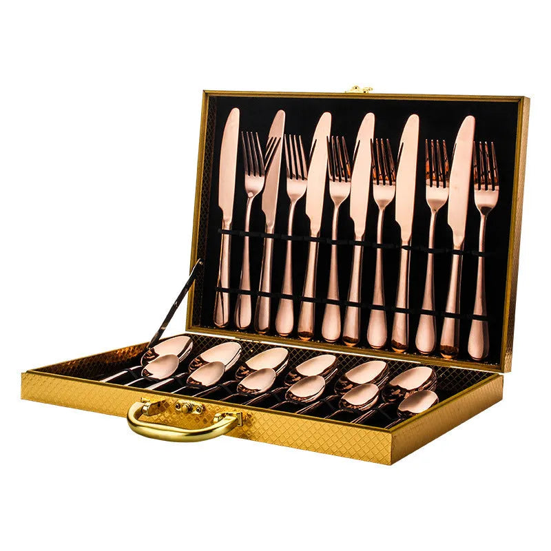 24-piece stainless steel cutlery set for six place settings showing knife, fork, and spoon options in different colour finishes.