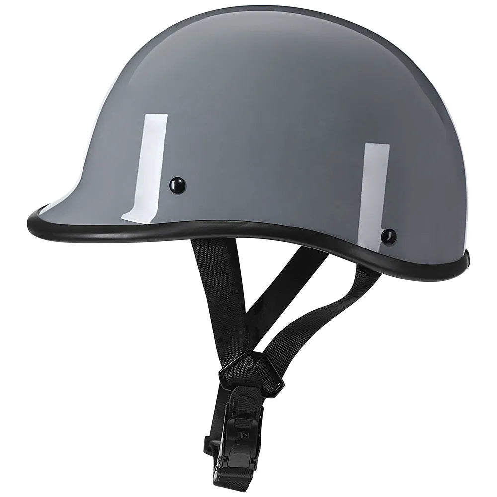 Retro-style helmet with hand-curved ABS shell shown in matte black, bright black, white, cement grey and carbon fibre finishes.