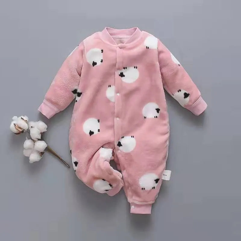 Baby wearing a long sleeve flannel romper with a panda print design