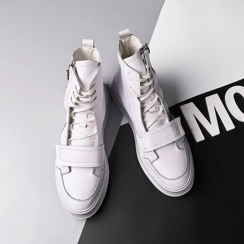 Black and white PU leather men's ankle boots with high-top sneaker design showing microfiber material texture