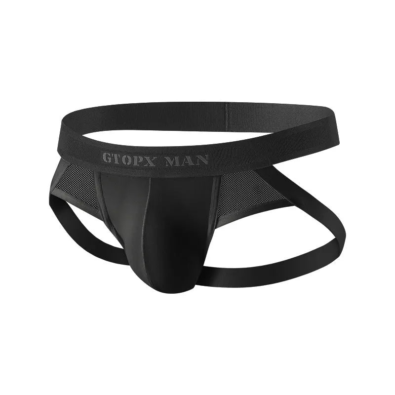 Men's low waist mesh double G-string in Ice Silk nylon, solid black colour, T-back style, size M-XXL