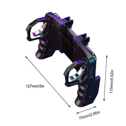 Black multi-function gamepad for mobile phones showing controller, trigger and integrated phone holder