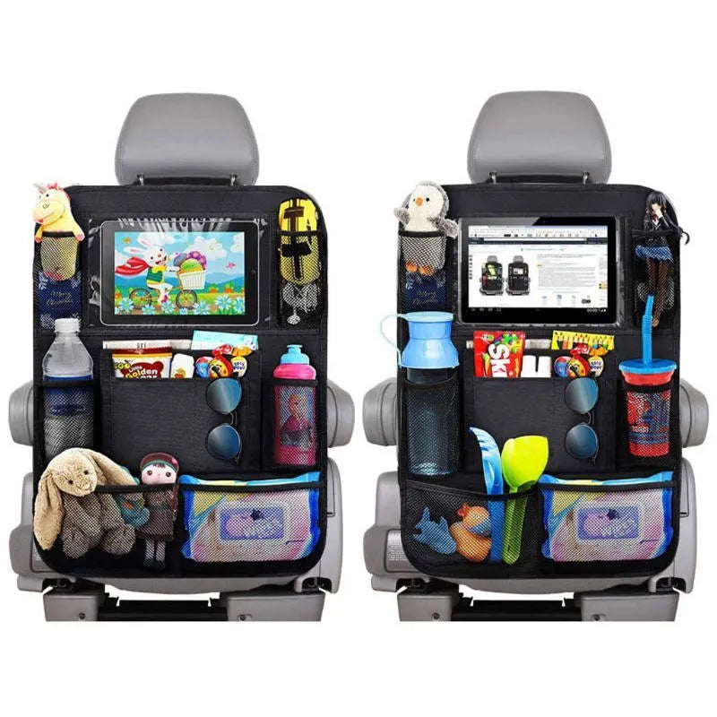 Black Oxford fabric car seat back pocket storage bag measuring 61x41cm