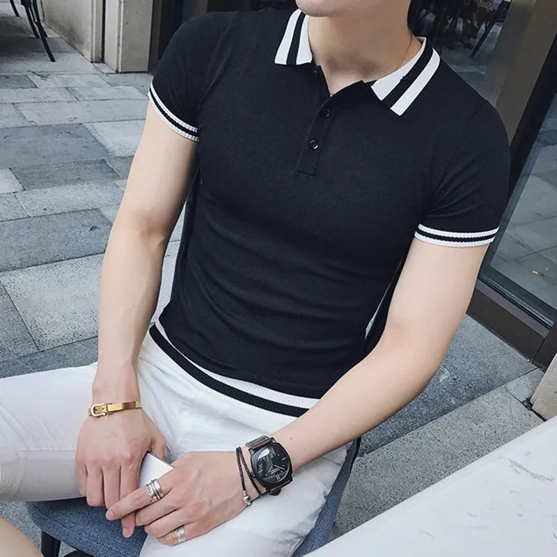Casual thin slim fit short sleeve polo shirt for men in black white red polyester viscose blend
