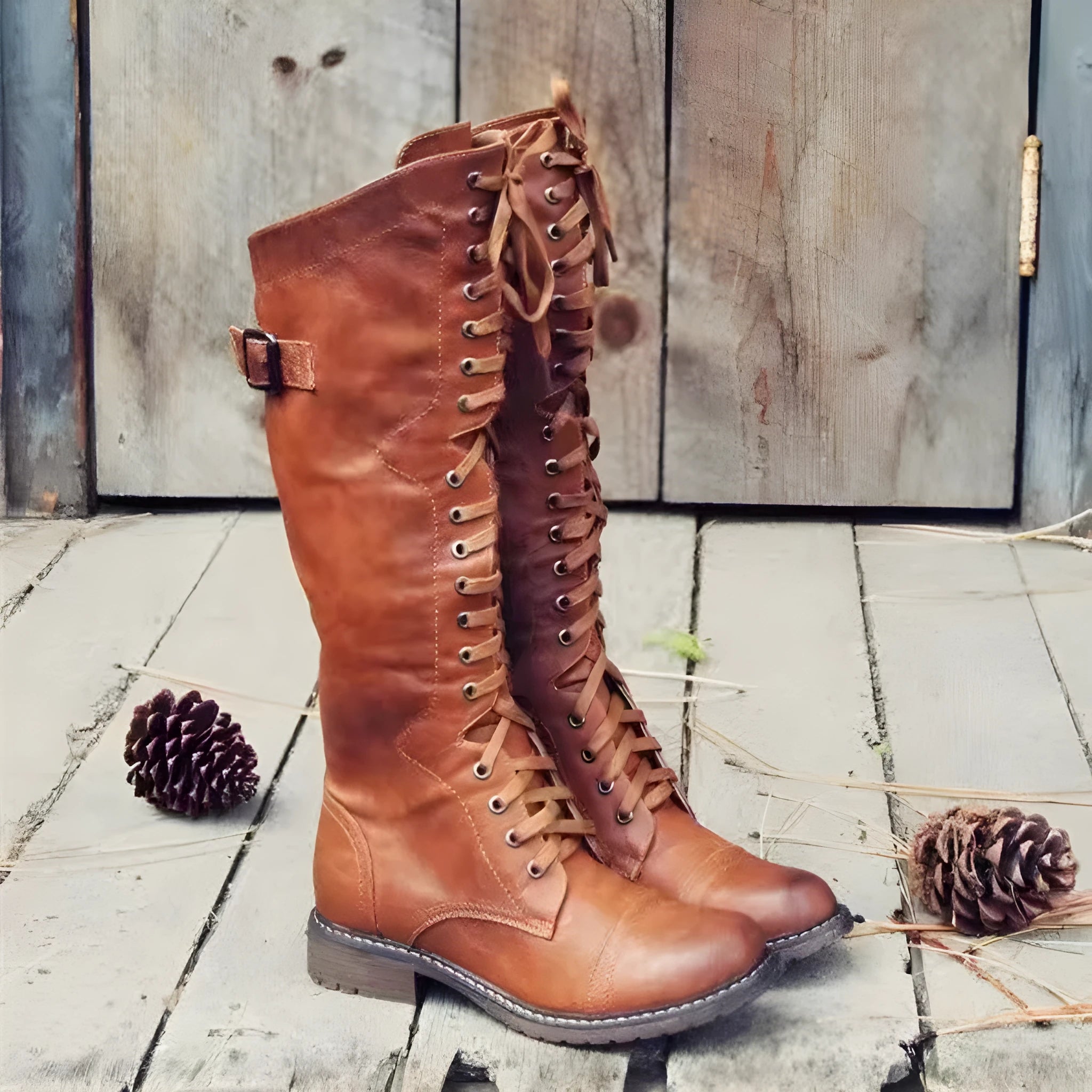 Black women's chunky heel high-leg boots with a round toe and short stout heel on a plain background.