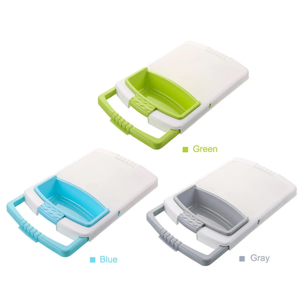Green multi-function kitchen cutting board with integrated draining basket mounted on sink