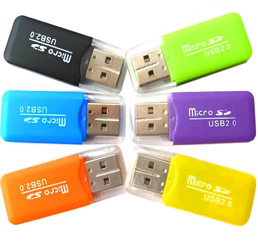 Compact white Mini USB TF card reader with separate SD card adapter for 16GB MicroSD memory cards.
