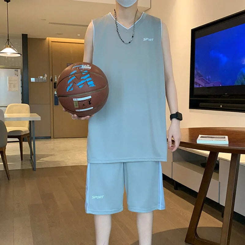 Men's black polyester basketball sports suit consisting of a sleeveless vest top and matching shorts.