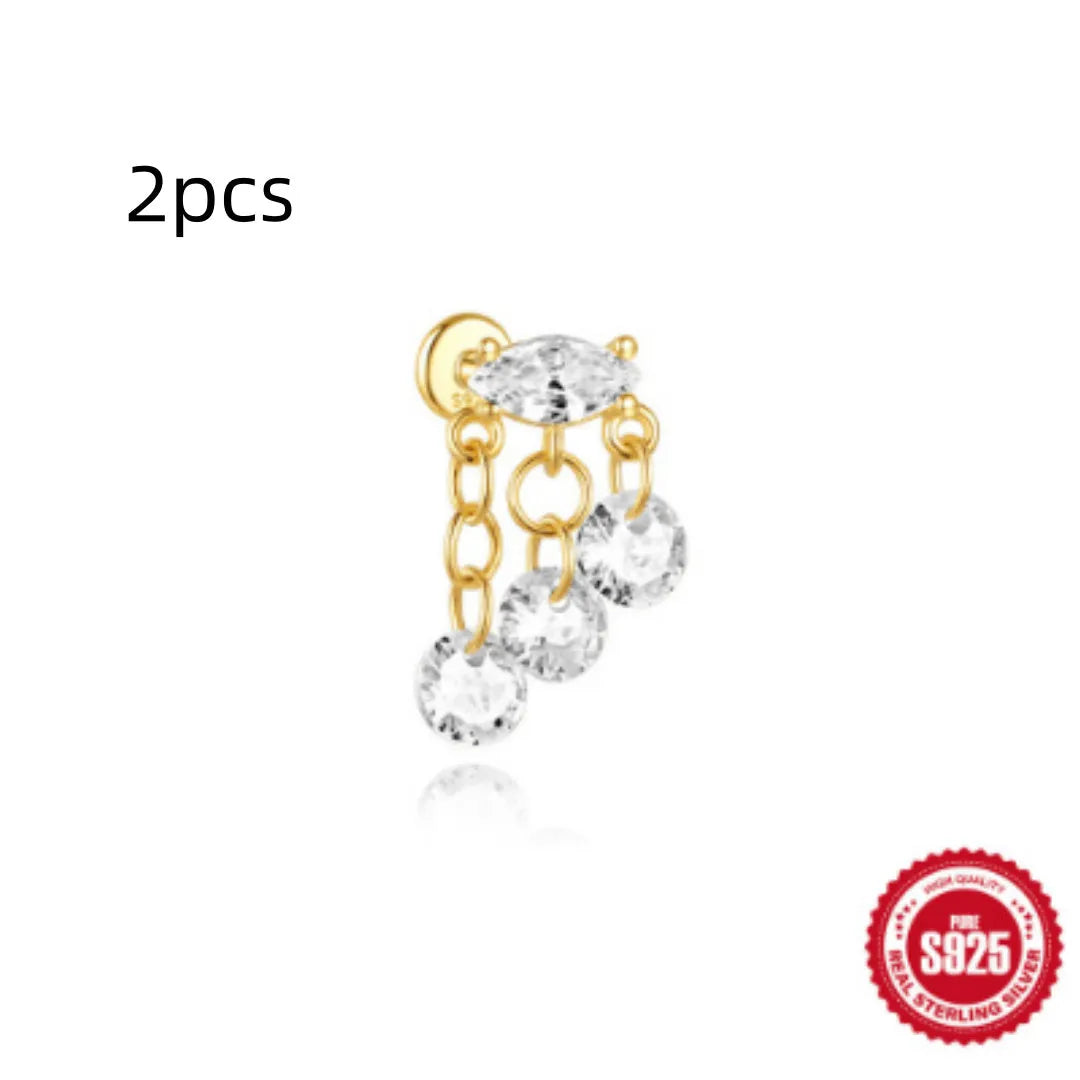S925 sterling silver water drop shaped earrings with a flat spiral geometric design on a white background.