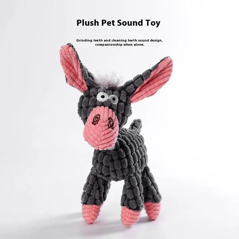 Bite-resistant puppy plush toy in donkey style with pink gray colour, soft plush material for teething
