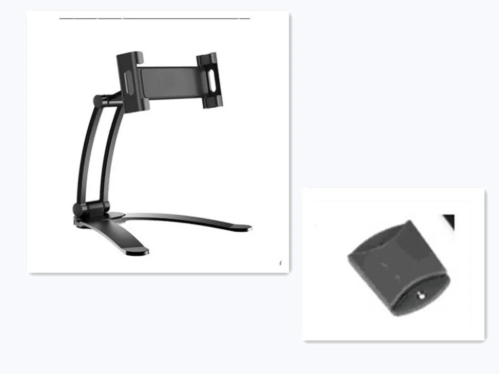 Silver aluminium alloy desktop tablet stand with adjustable holder and white mounting base on a wooden table.