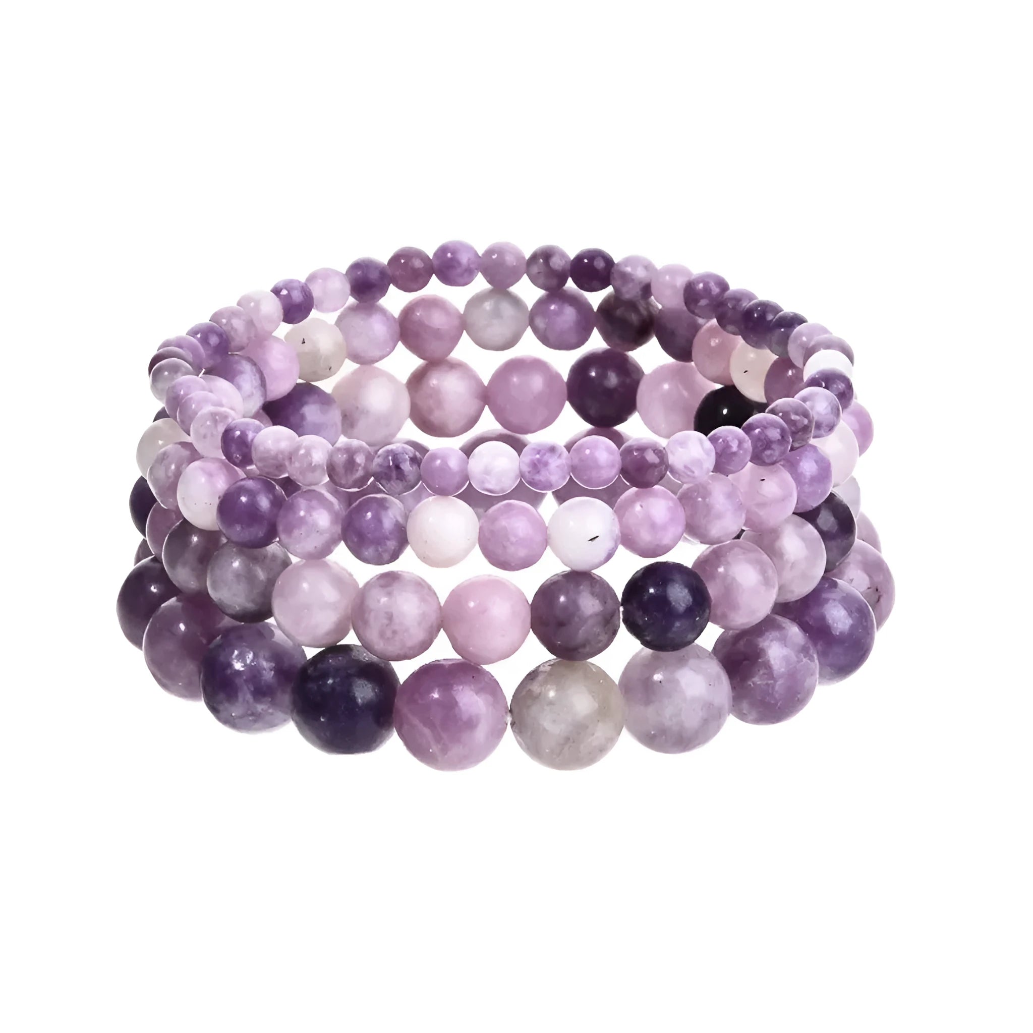 Purple natural stone geometric bead bracelet on elastic cord showing 4mm, 6mm, 8mm and 10mm size options