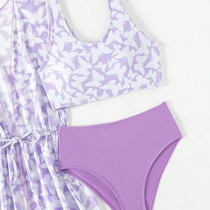 Girls three piece polyester swimsuit set comprising a coat, vest, and pants in colour 3218