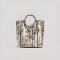 Beige canvas handbag with traditional ink bamboo print, square vertical shape, 26cm by 8cm by 28cm
